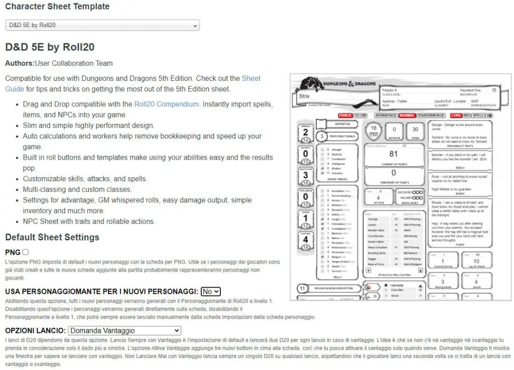 roll20 opzioni