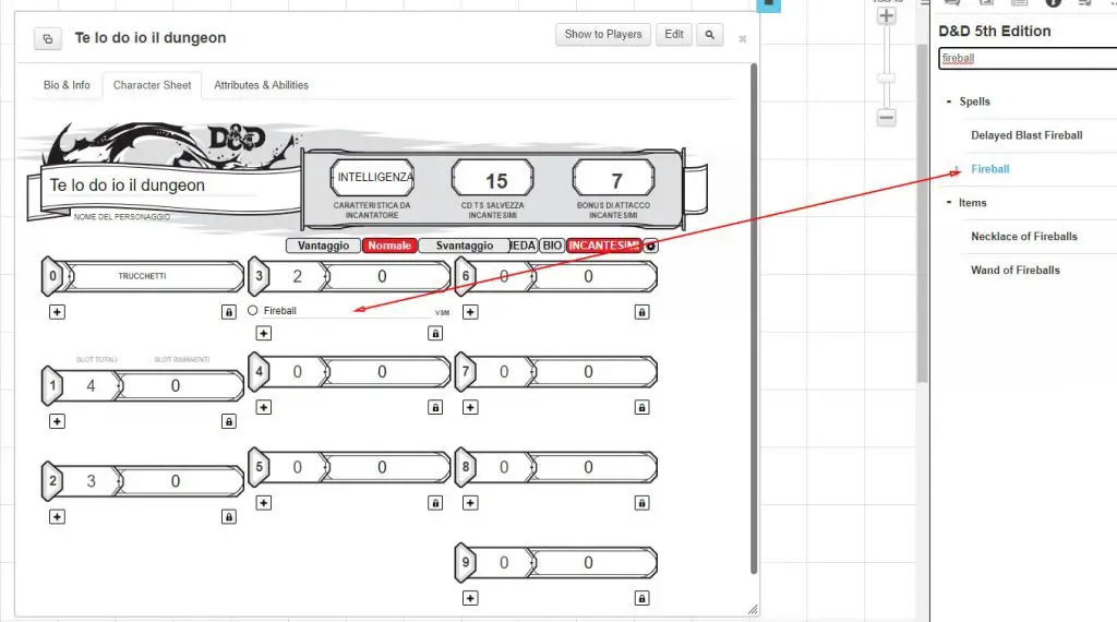 roll20 scheda incantesimi