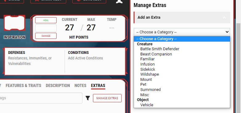 La sezione Extra con la selezione delle creature e degli oggetti.