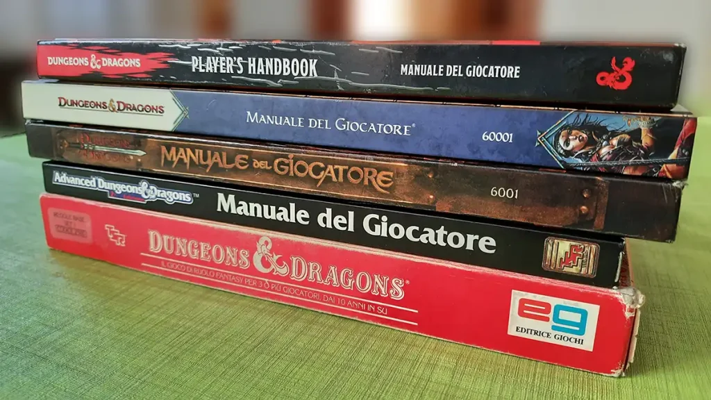 Alcune edizioni di D&D. Scatola Rossa, Advanced Dungeons & Dragons, 3°, 4° e 5° edizione