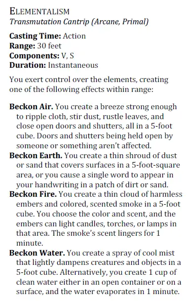 Elementalism, Playtest One D&D