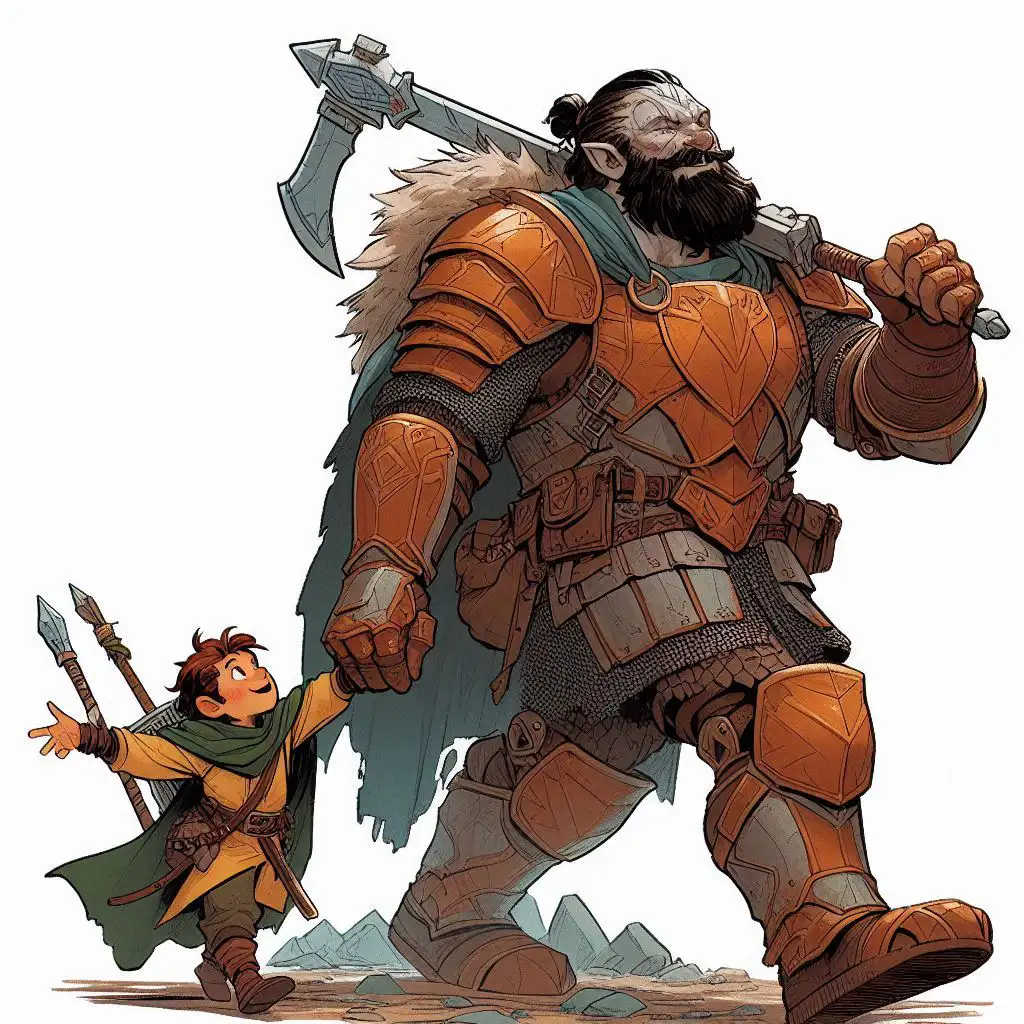 Halfling tenuto per mano da guerriero grande e grosso