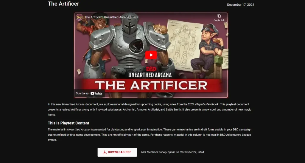 Preview della classe dell'Artefice "Unearthed Arcana"