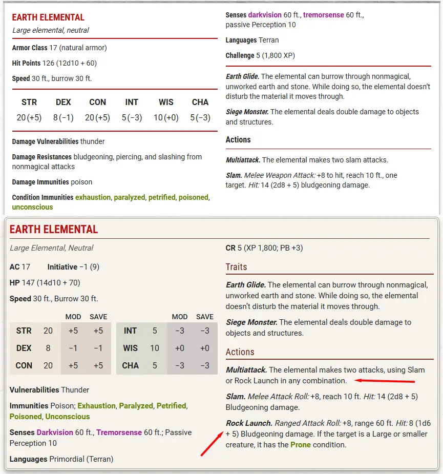 Confronto tra Elementale Terra 5e e 2024