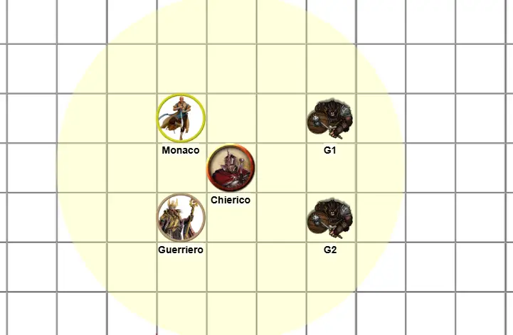 Figura 2: con il movimento il chierico avanza di 3 metri e sovrappone l'emanazione agli orchi.